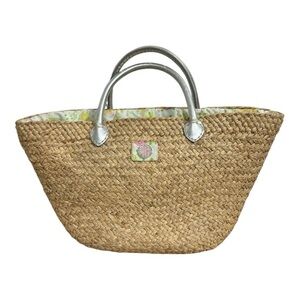 Lilly Pulitzer Straw Tote Bag with Silver Handles Drawstring Inner Lining Floral